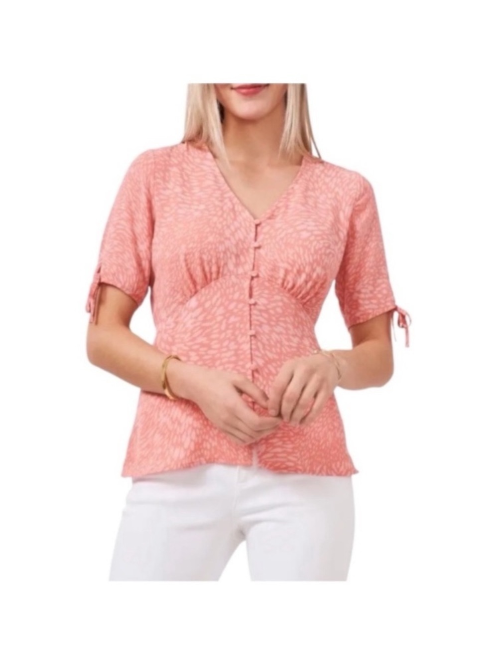 Vince Camuto Coral Pink V-Neck Button Front Tie-Sleeve Blouse size xs